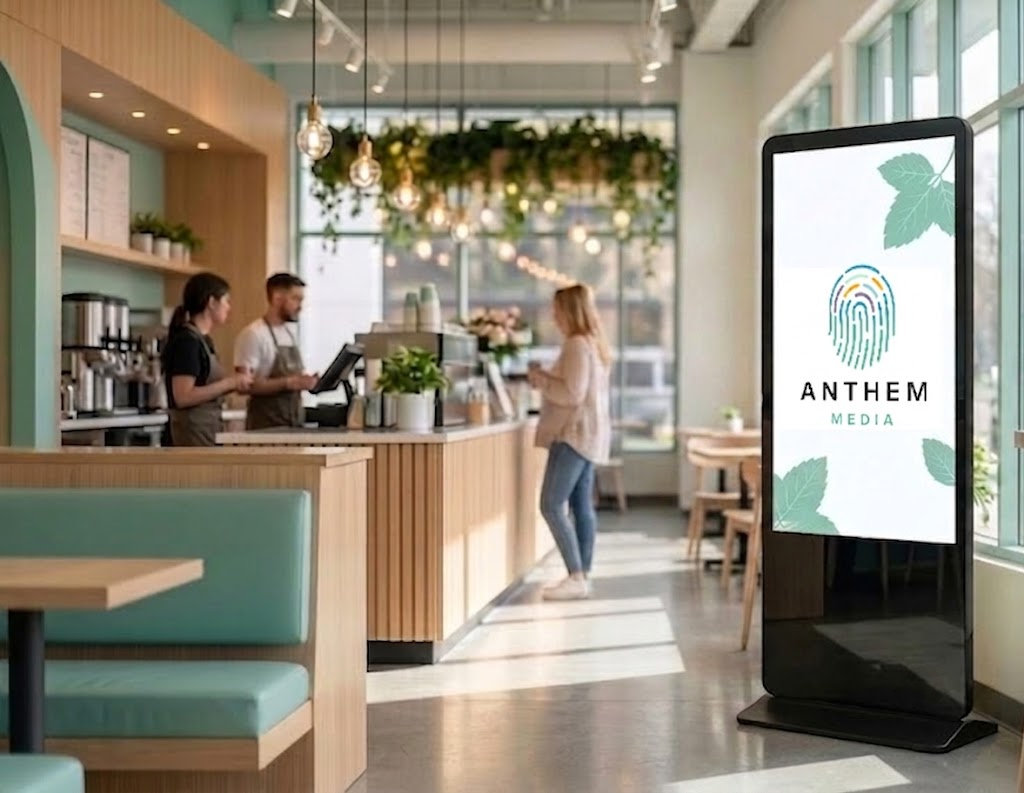 Digital signage in a modern cafe with diverse customers
